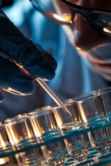 Naklejka premium A scientist is working with a microscope and a glass slide with many small glass vials. The scientist is using a pipette to transfer a liquid from one vial to another. Concept of precision and focus