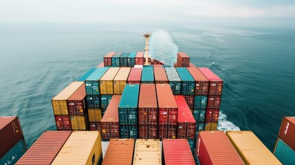 Fototapeta premium A large ship is sailing through the ocean with a large number of containers on board. The ship is a cargo ship, and the containers are stacked in various sizes and colors
