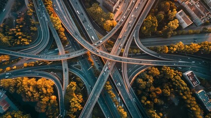 A cityscape with many roads and a lot of traffic. The roads are connected by many bridges and the sky is orange