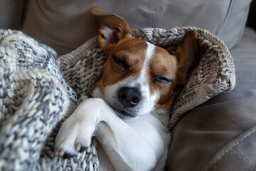 A cute jack russell terrier puppy examining the camera with curiosity while sleeping on the couch with a grin etched over its face. Perfect for pet photography, animal lovers, and lifestyle blogs.