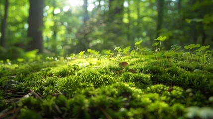 Close-up of a patch of lush green moss growing on a forest floor, with sunlight filtering through the leaves above