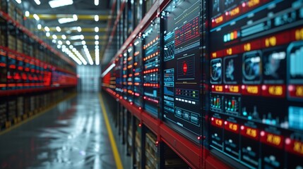 Naklejka premium High-Tech Warehouse with Digital Screens. Modern warehouse interior featuring digital screens and advanced technology for logistics and supply chain management.
