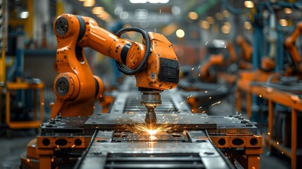 Orange robotic arm welding in factory. Orange robotic arm performing welding operations in an advanced manufacturing facility, showcasing industrial automation.
