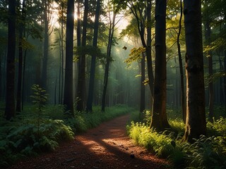 Fototapeta premium Morning light in dense forest. Green plants with a calming atmosphere.