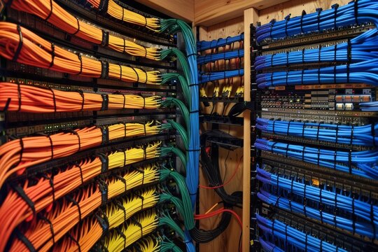 Network rack wiring diagram in blueprint style, color-coded cables, patch panel layouts, meticulous labeling