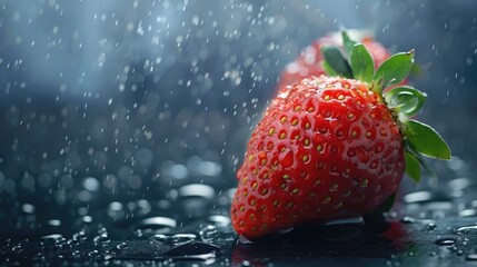 Fresh and vibrant strawberry with raindrops on a dark backdrop perfect for eye catching advertising to encourage quick purchase
