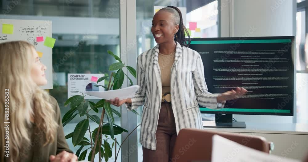 Poster Business woman, presentation and screen in office for app innovation, software and machine learning. Developer, speaker and monitor in workplace for sustainable technology, robotics and automation