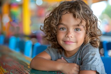 Little boy with curly hair resting chin on hands with a warm smile and vibrant chairs