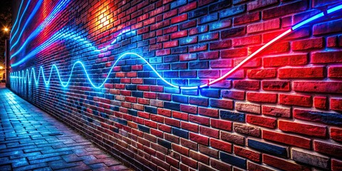 Vibrant neon-lit brick wall with red and blue twist in city nightscape, energetic lighting