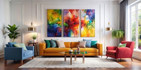 Vivid abstract painting on white wall with bold colored couches in trendy living room