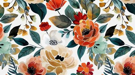 Watercolor Floral Pattern with Red and Orange Flowers on White Background