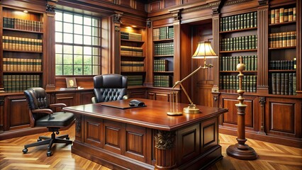 A peaceful and professional setting of a judge's chamber with a large mahogany desk, a gavel, and shelves of legal reference books