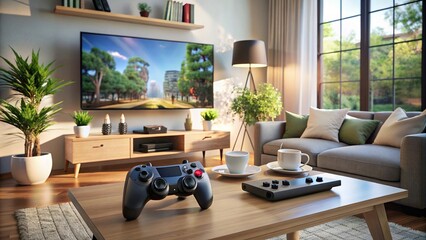 A cozy living room with a large TV screen showing a video game, game controllers scattered on the coffee table