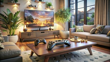 A cozy living room with a large TV screen showing a video game, game controllers scattered on the coffee table