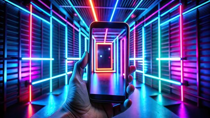 Dark room with neon lights, mobile phone screen being scrolled