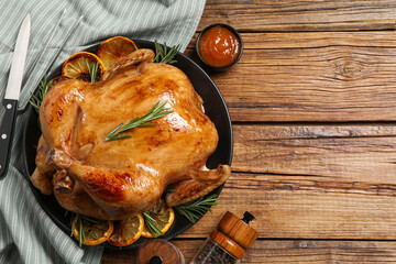 Tasty roasted chicken with rosemary and lemon served on wooden table, flat lay. Space for text