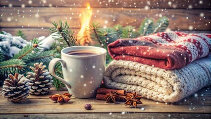 Cozy winter scene with snowflakes and warm clothing