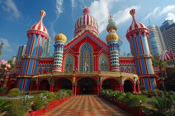 Fototapeta premium The entrance to a vibrant building with a whimsical, fantasy-style architecture surrounded by nature