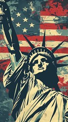 Illustration of the Statue of Liberty with an American flag background, in the style of a illustration, detailed, blue tones, white and red stripes on her dress, dark background, Independence Day