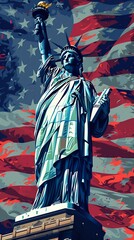 Illustration of the Statue of Liberty with an American flag background, detailed, blue tones, white and red stripes on her dress, dark background, Independence Day