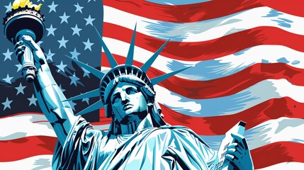 Vibrant illustration of the Statue of Liberty with an American flag in the background, detailed, close up view with bold colors, flat design style with high contrast, Independence Day