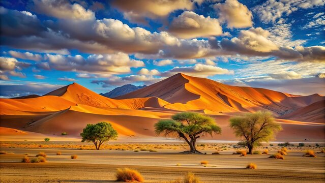 Surreal and psychedelic landscapes of Sossusvlei, Namibia featuring stunning orange sand dunes and contrast blue skies