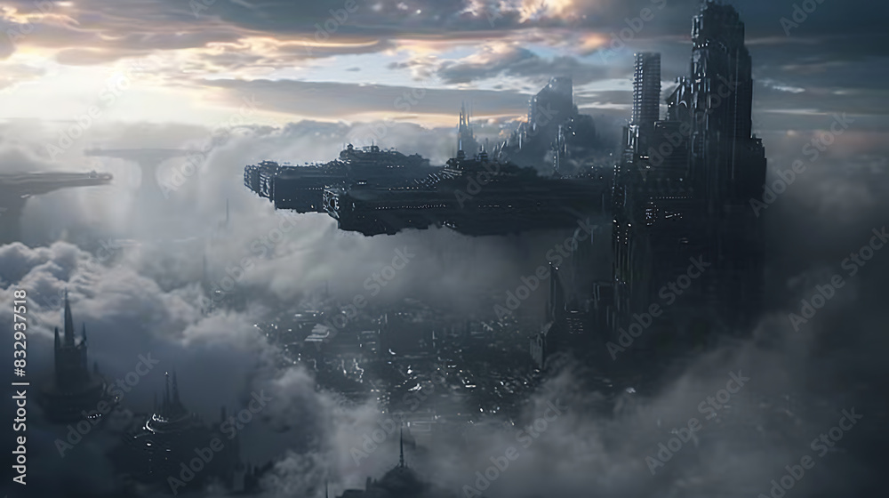 Wall mural Hyper Realistic Sci-Fi Scene: Space Station and City in Dark Clouds - Wall murals