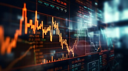 HD image of a financial market background with screens displaying positive trading data, rising arrows, and company strategy analysis. - Powered by Adobe