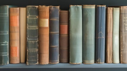 Naklejka premium A close-up shot of books neatly arranged on a library shelf, leaving space between the books for adding text or graphics 