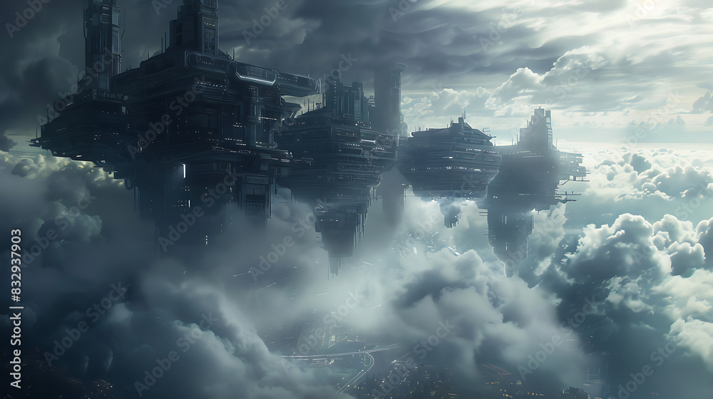 Poster Hyper Realistic Sci-Fi Scene: Space Station and City in Dark Clouds