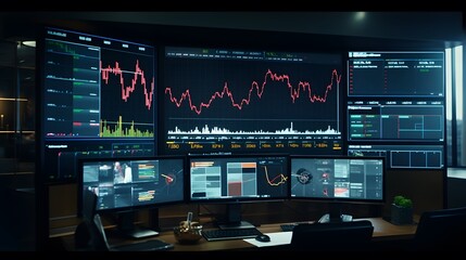 HD realistic capture of a professional financial setting with monitors showing growth graphs, rising arrows, and market analysis data.