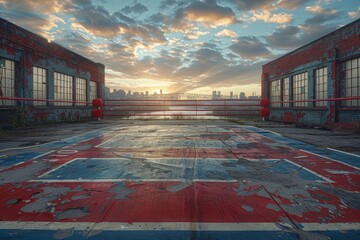 Sunrise breaks over a cityscape as seen through the windows of an old boxing ring, casting warm light and shadows across the space