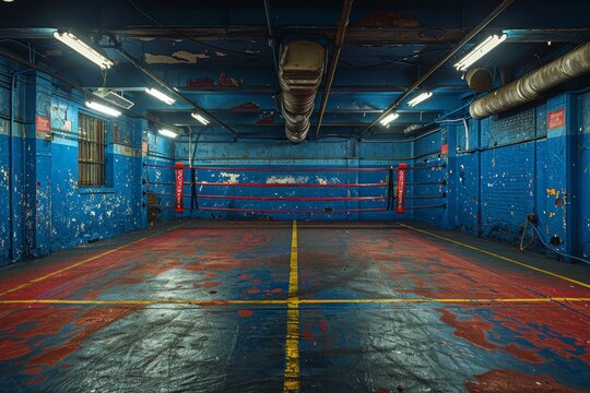 An old boxing ring with chipped blue paint and rustic ambiance, highlighting the wear from past matches - Powered by Adobe