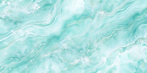 Pastel cyan mint liquid marble watercolor background with white lines and brush stains