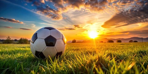 Soccer ball on grass field during golden hour
