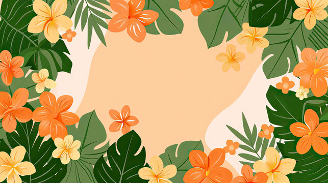 Tropical floral border with green leaves and flowers generated with AI