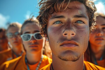 Despite the obscured faces, the image shows a team huddle and unity on a soccer field