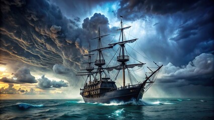 Eerie black pirate ship sailing under stormy skies