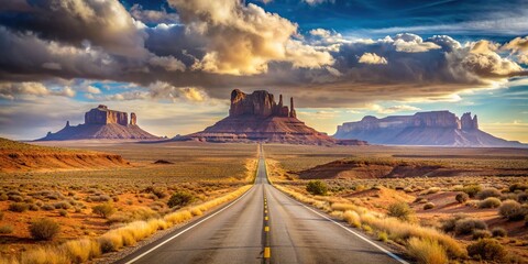 Desolate sand desert road in Arizona with a vintage western atmosphere