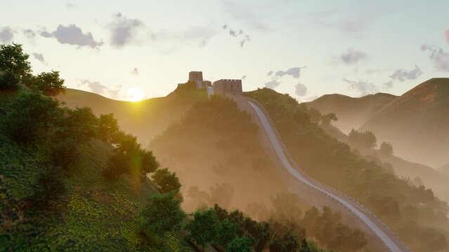 Sunrise time-lapse of the Great Wall in the fog