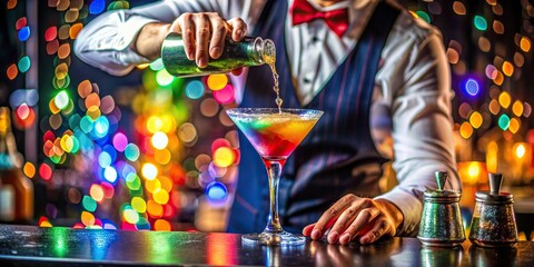 Professional bartender pours a colorful cocktail into a glass at a festive party