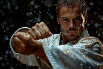 A focused martial artist trains in gi under a shower of raindrops