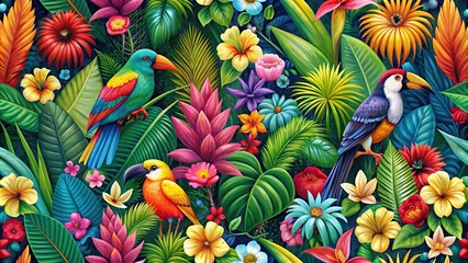 Seamless pattern of colorful tropical flowers and exotic birds