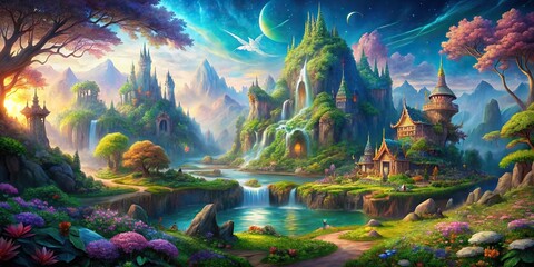 Enchanting fantasy landscape with mystical creatures and magical elements