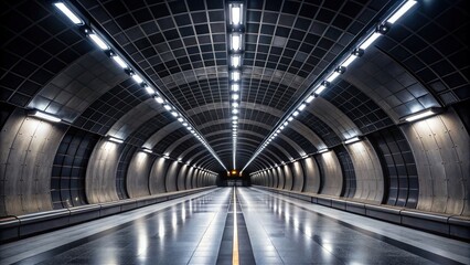 Empty underground tunnel with black walls and metro lighting