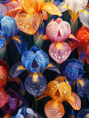 Obraz premium iris watercolor painting, beautiful petals with dewdrops. Wall Art Poster Print Design for Home Decor, Decoration Artwork, High Resolution Wallpaper and Background for Computer, Smartphone, Cellphone