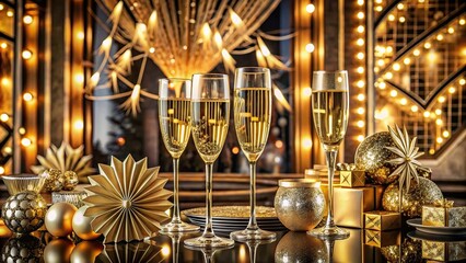 Art Deco inspired New Year's Eve party scene with elegant decor and champagne glasses