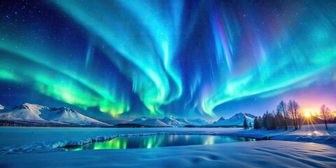 Winter night sky illuminated by mesmerizing blue aurora borealis lights, creating a stunning landscape scene with copy space