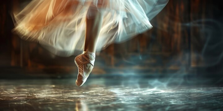A close-up of a ballerina's feet in mid-leap, with motion blur capturing the elegance of the movement