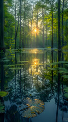 Obraz premium A panoramic view of a nature swamp, the vast expanse of water and trees creating a serene atmosphere